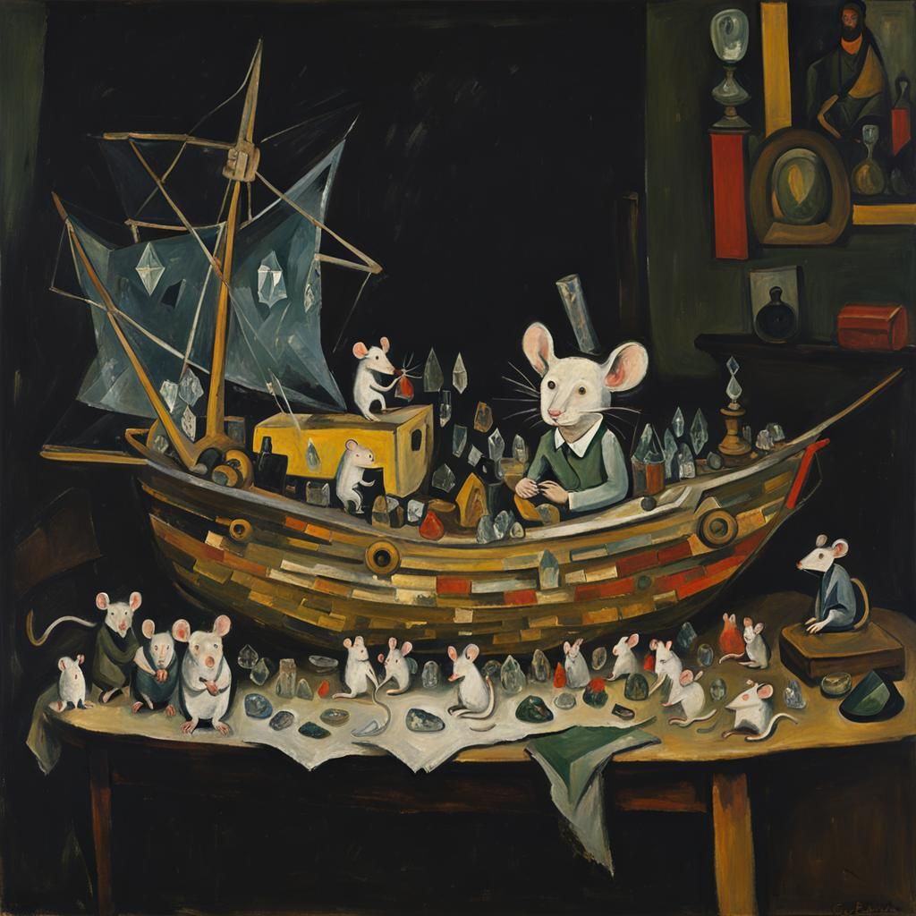 Crystal Ship with Crystal Mice: Expressionist Still Life