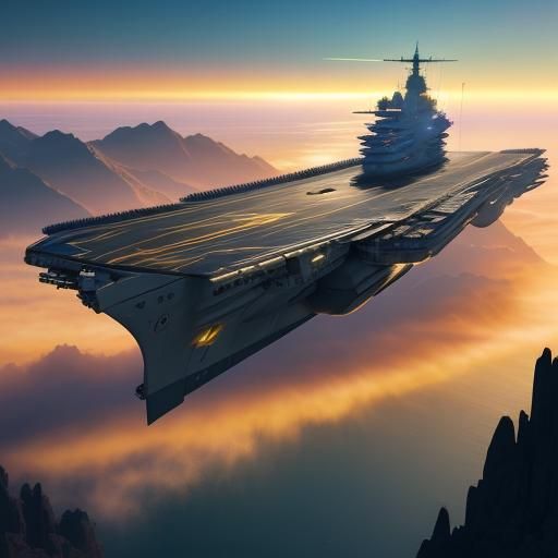 Futuristic Aircraft Carrier Soaring at Sunrise
