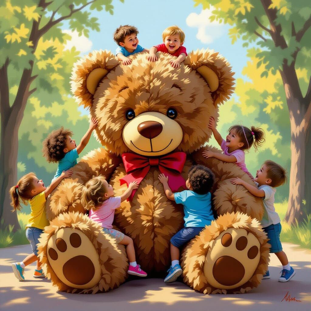 Joyful Children Climbing a Giant Teddy Bear in Vibrant Paint...