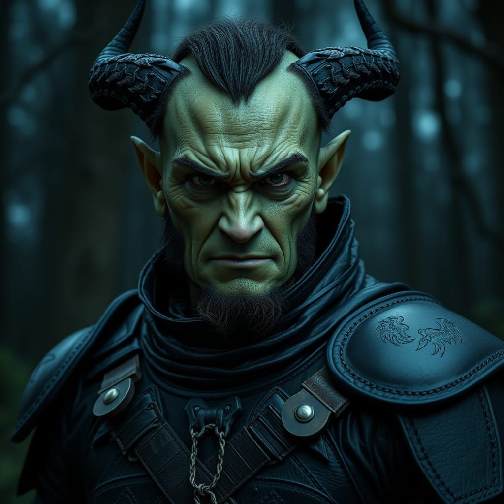 Menacing Tiefling Half-Orc in Dark Forest
