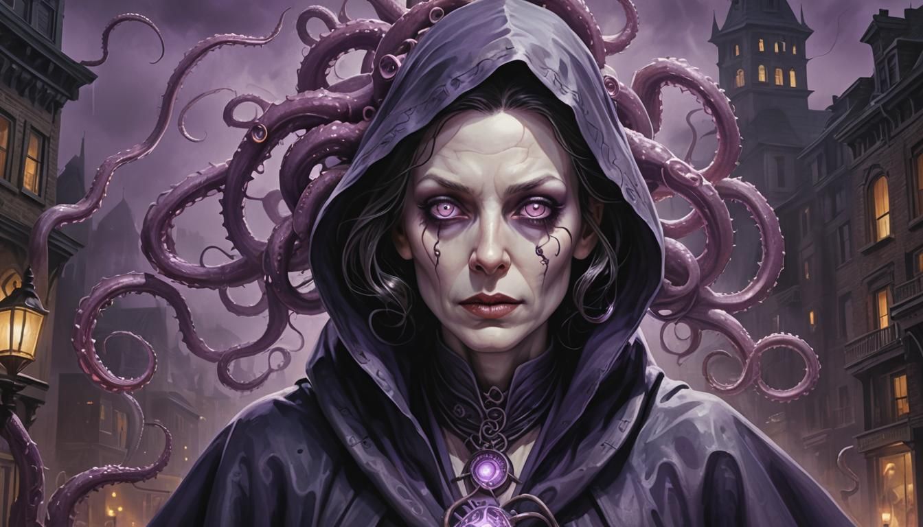 Create a life-like image depicting A haunting, Lovecraftian-inspired portrait of Dr. Evelyn Blackwood transformed into N...