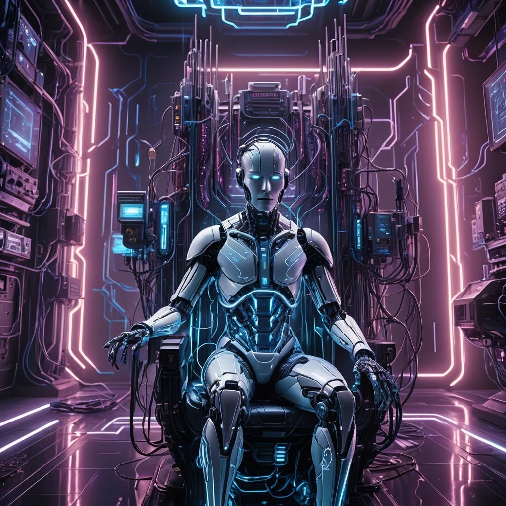 AI on Throne in Futuristic Lab, Art Deco Style