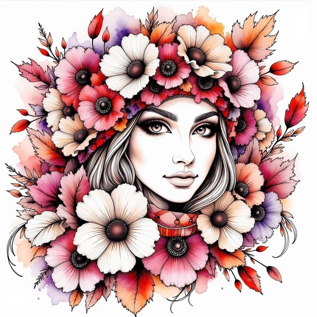 Intricate Ink Drawing in Watercolor Style