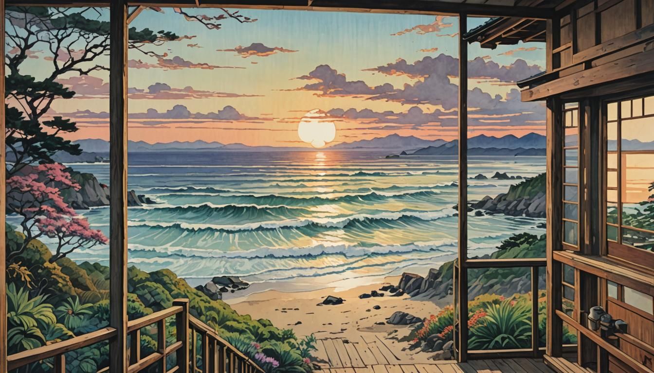 Pacific Ocean Sunrise: Meiji Era Woodblock Print