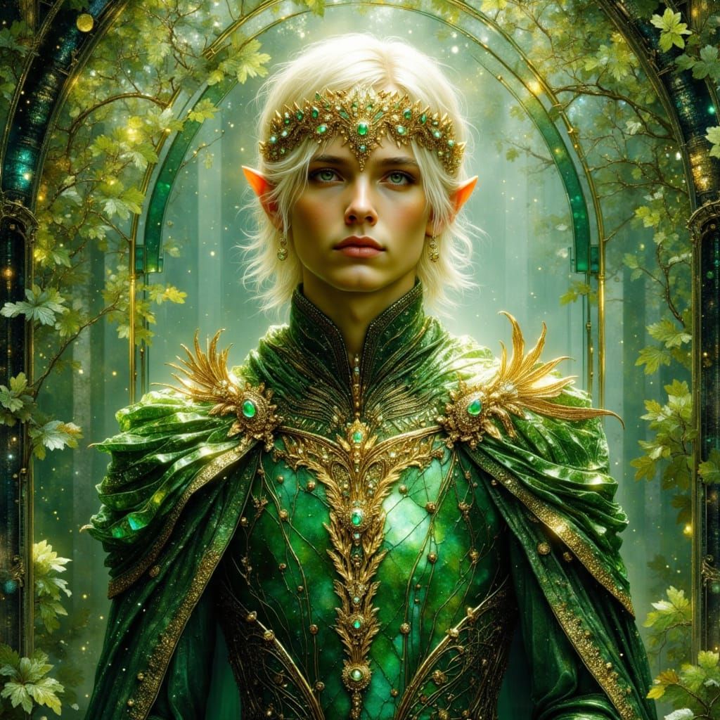 Elf Prince in Art Nouveau Style Magical Forest