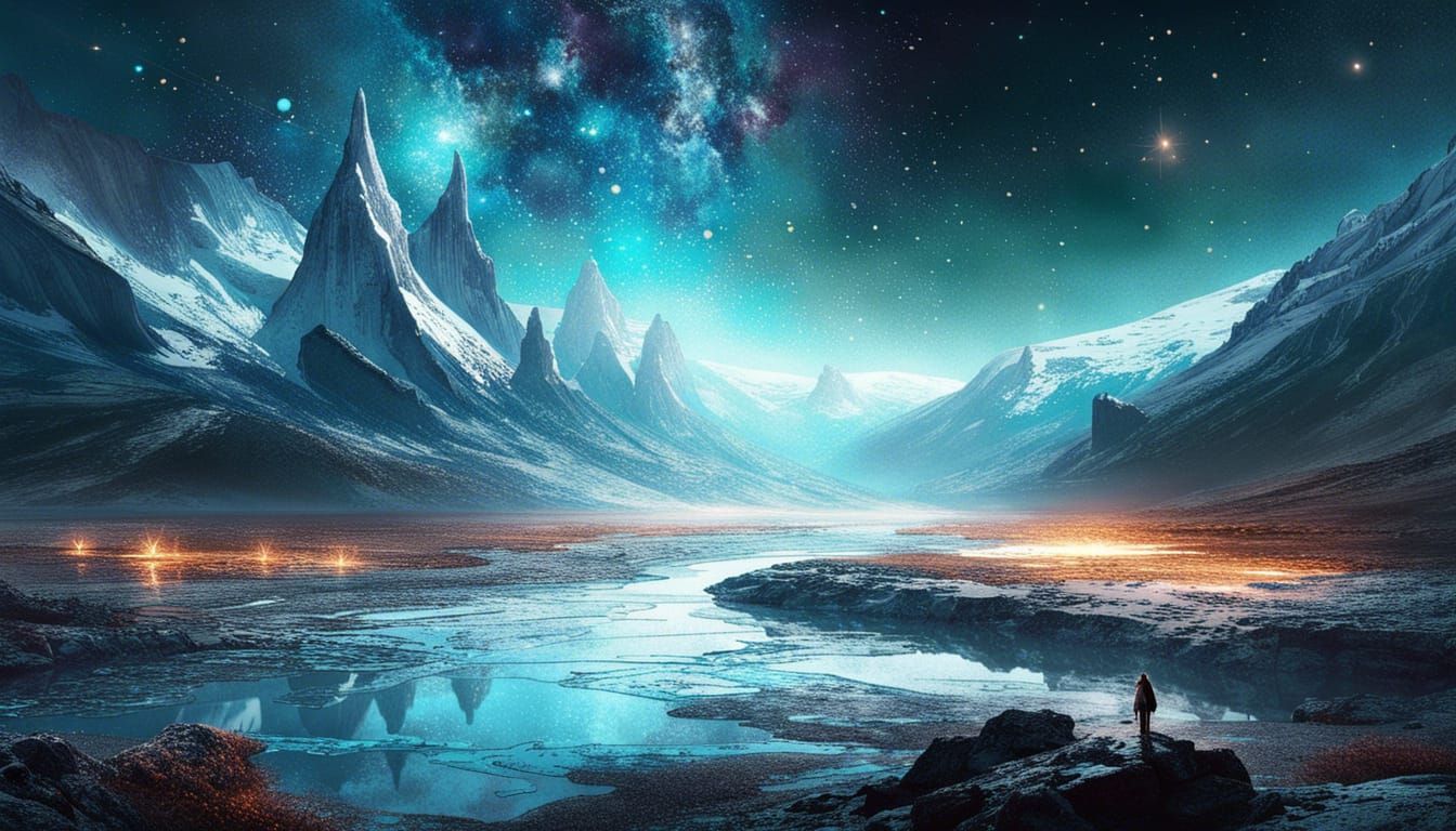 Icy Landscape Under a Starry Night Sky