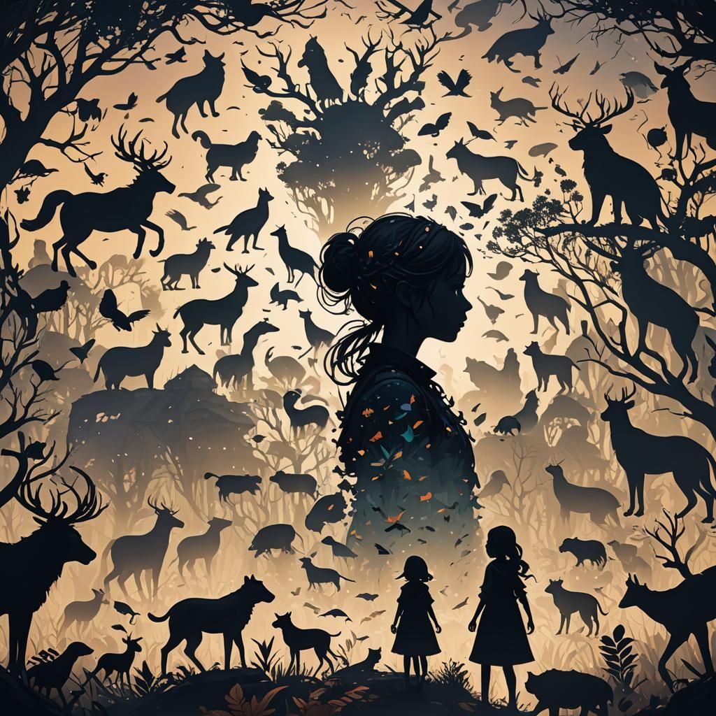 Girl's Silhouette with Mind Full of Animals