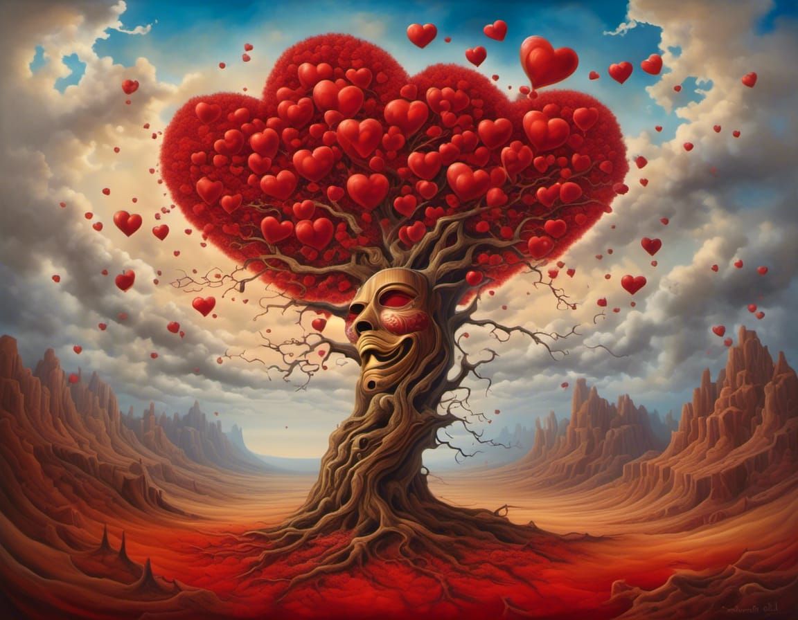 Surreal Mask and Tree Oil Painting