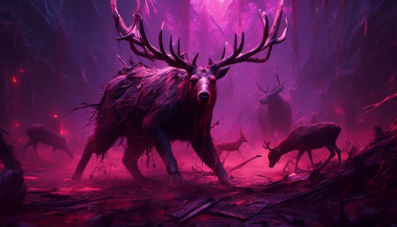 Cyberpunk Bear Attacks Deer in Dark Fantasy Style