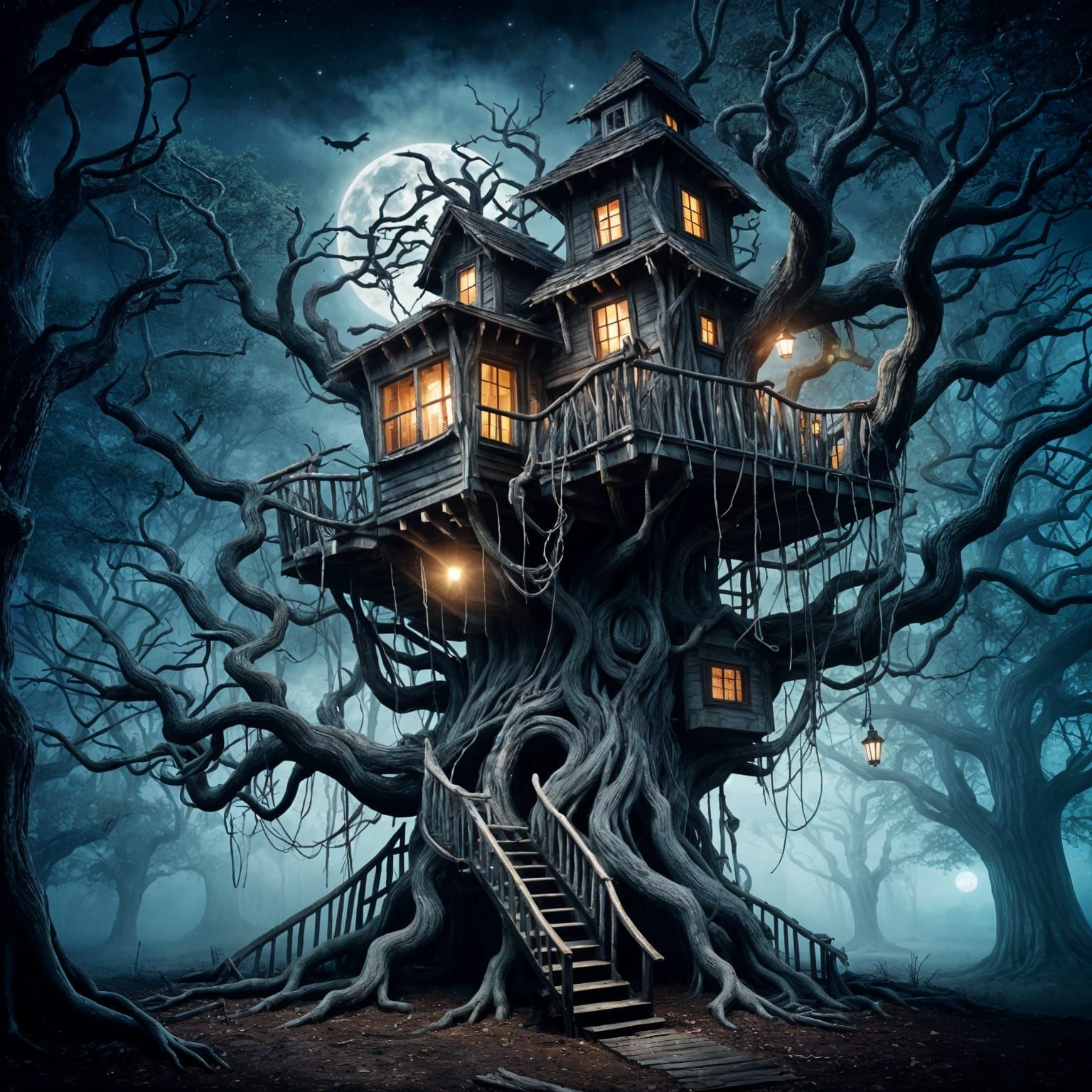 Creepy Haunted Treehouse in Dark Forest, Watercolor Style