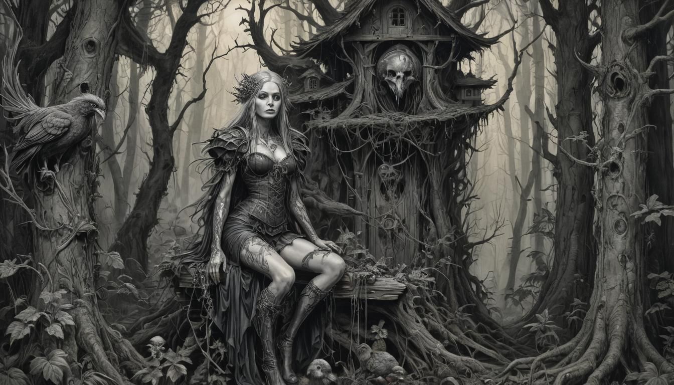 Baba Yaga in Mystical Forest: Grotesque Surrealism