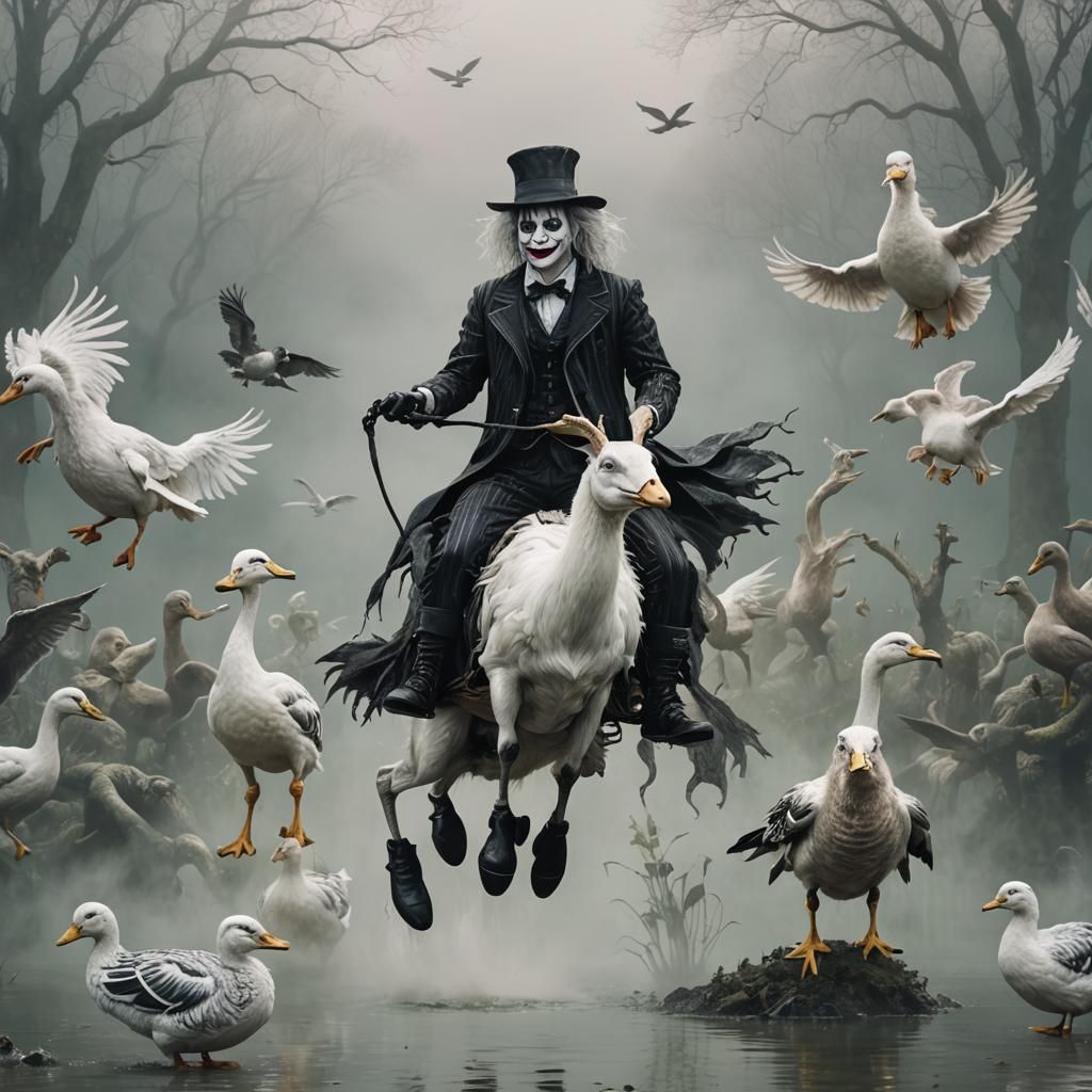 Beetlejuice Rides Duck-Goat in Ethereal Fantasy