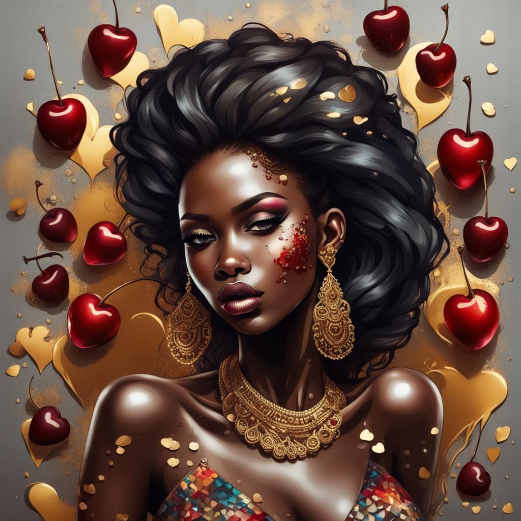 Bohemian Girl with Cherries and Chocolate in Graffiti Art