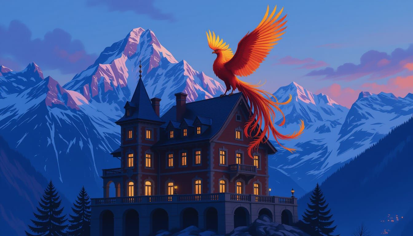 Majestic Phoenix on Chateau in Snowy Alps