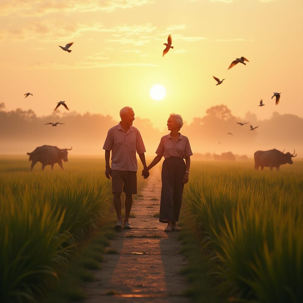 Serene Sunrise Walk in Vietnamese Rice Paddy