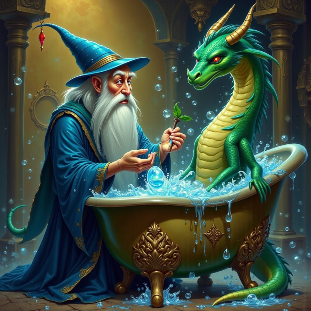 Wizard Gives Dragon a Magical Bubble Bath in Fantasy Style