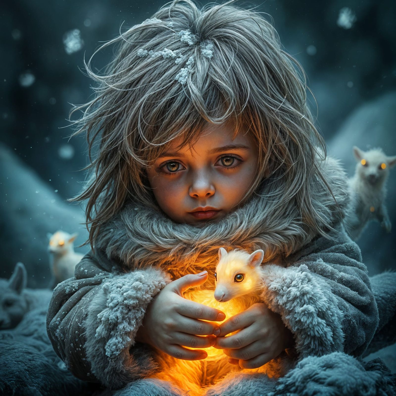 Child and Magical Animal in Storm, Detailed Matte Painting