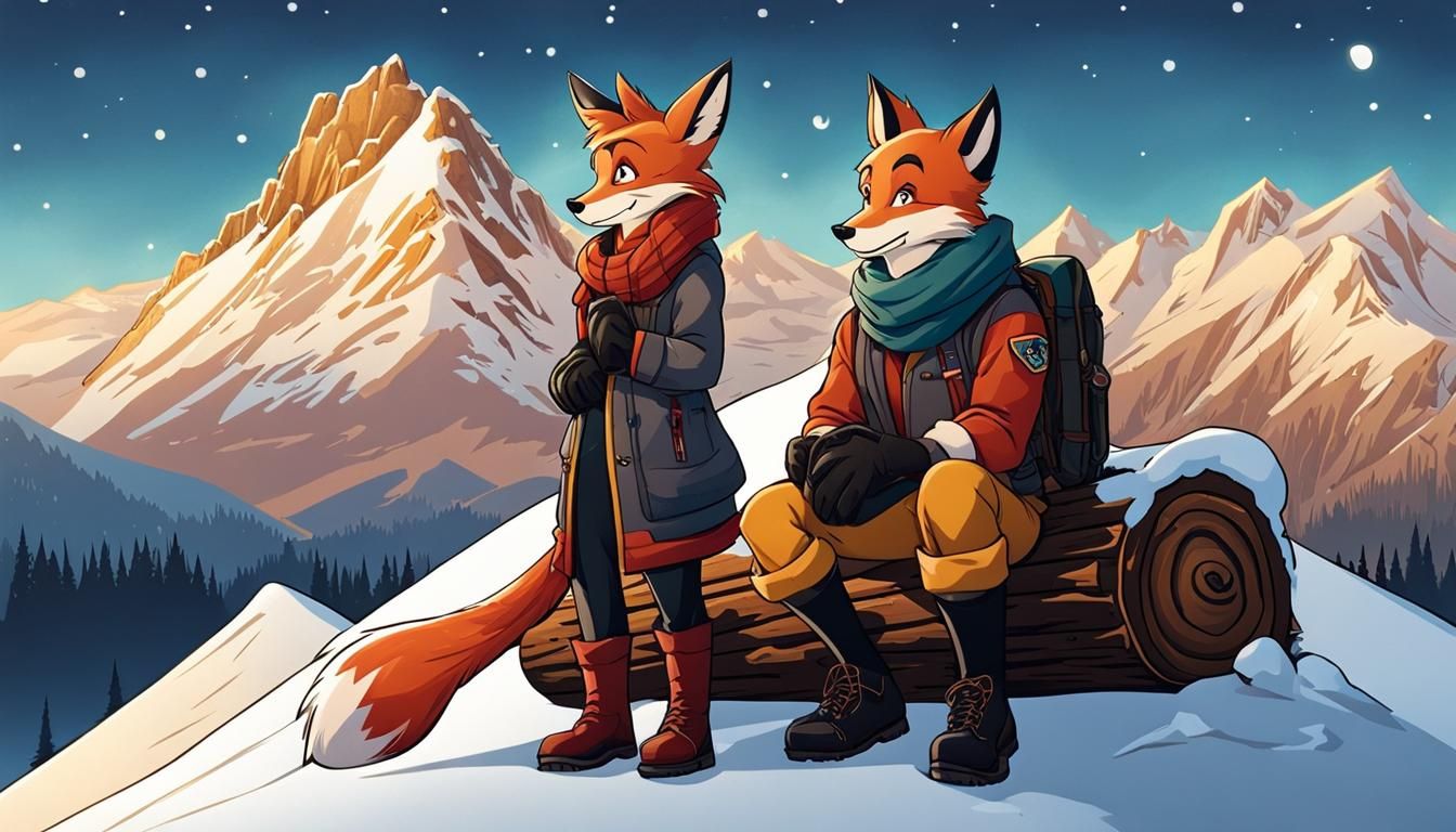 Anthro Dragon and Fox Watch Mountain Sunset