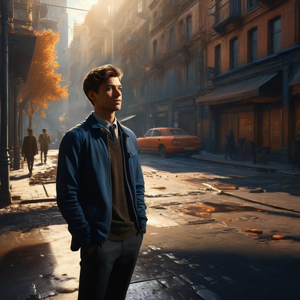 Sunlit Young Man in Urban Street, Concept Art