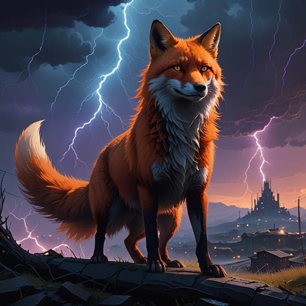 Regal Fox Gazing Up at a Turbulent Stormy Sky in a Fantastic...