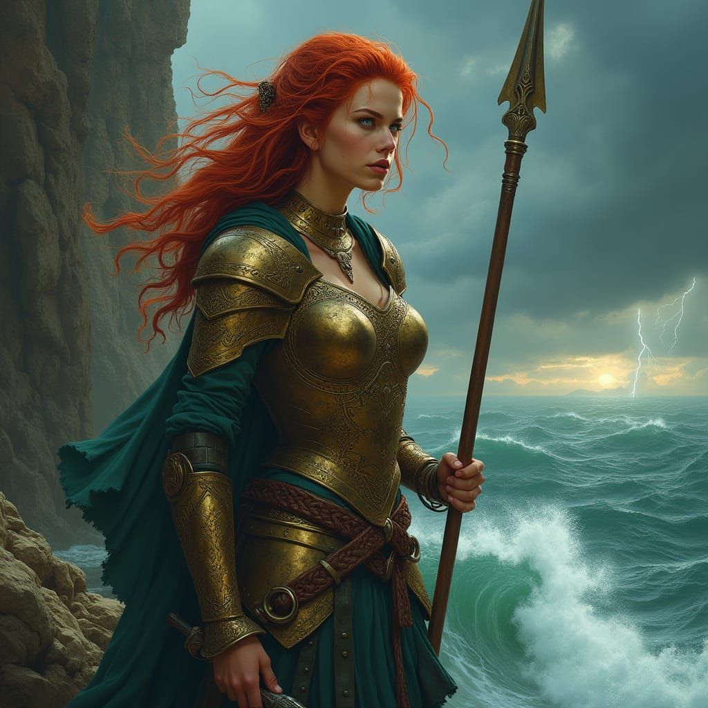 Celtic Warrior Woman Stands on Windswept Cliff, Gazing Out a...