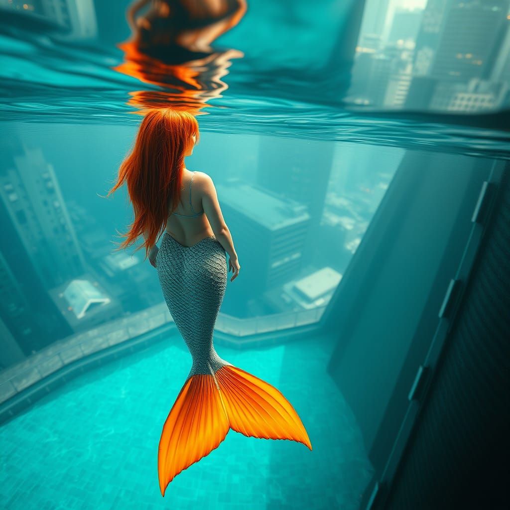 Surreal Mermaid in Dystopian Singapore Rooftop Oasis