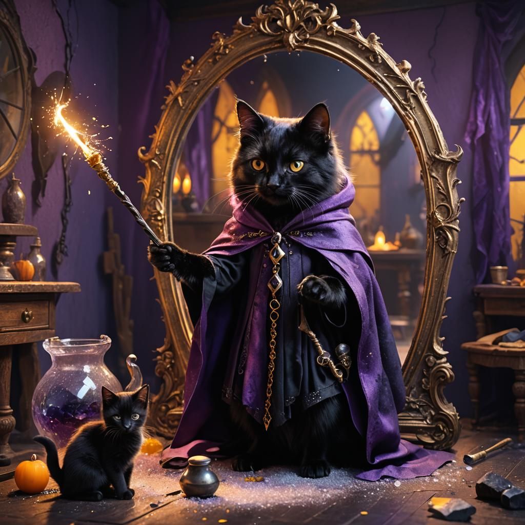 Witch with Kitten and Magic Wand: Fantasy Art