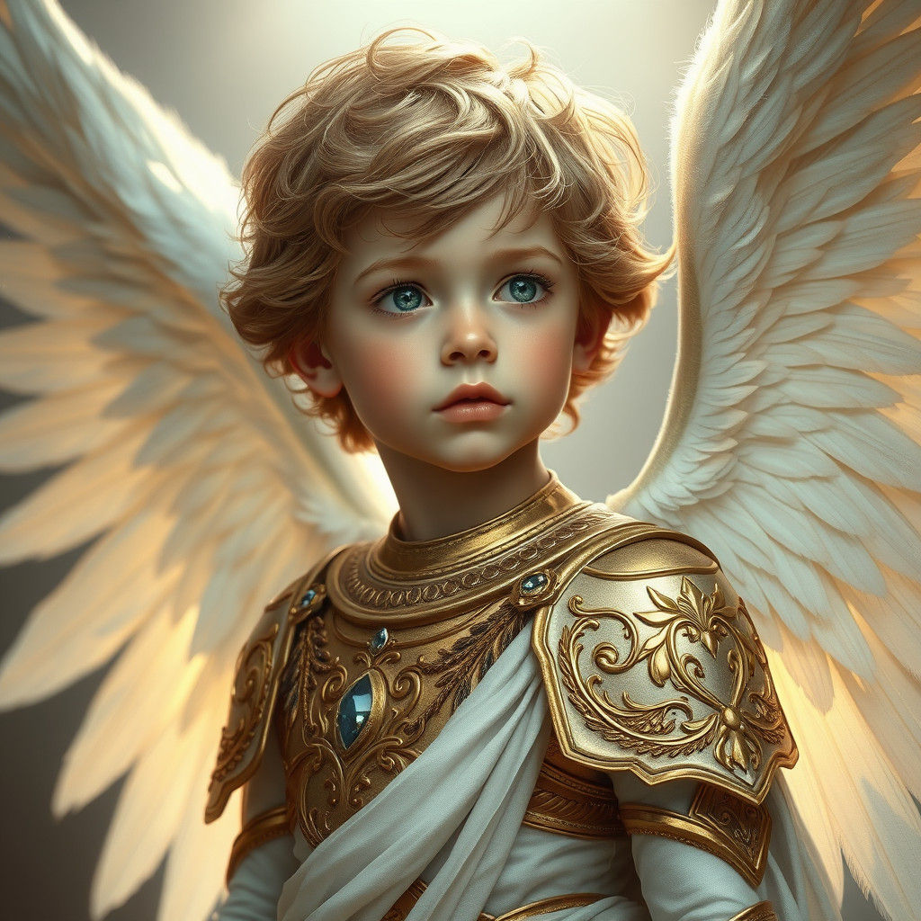Angelic Boy in Gold Armor with Silver Wings
