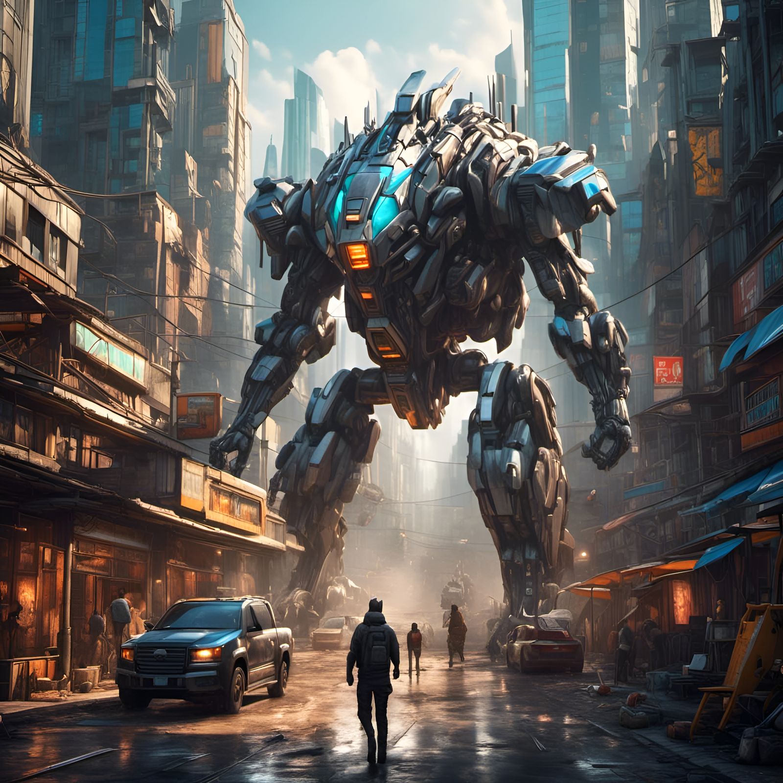 Epic Mecha Animal Art in Cityscape