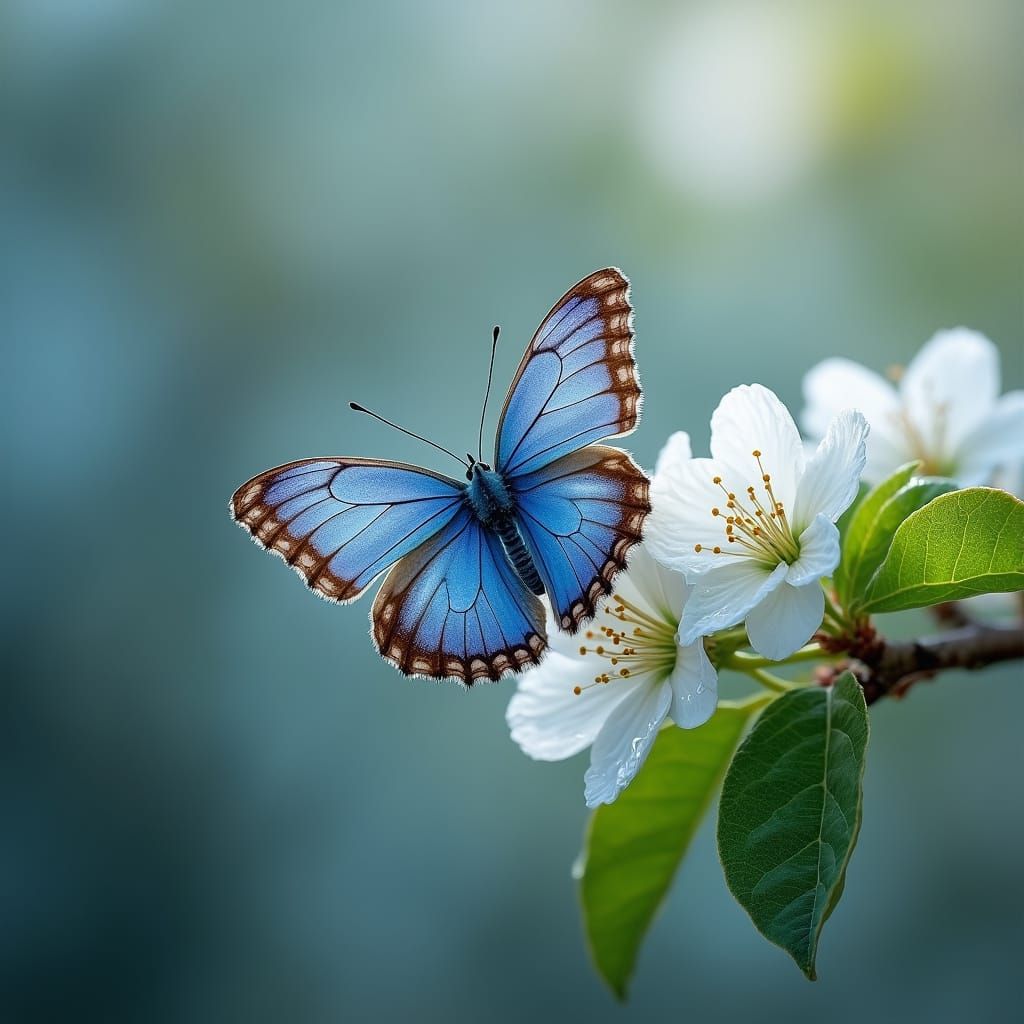 Azure Butterfly on Cherry Blossoms, Macro Photography