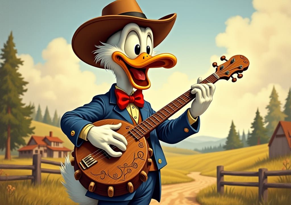 Donald Duck Plays Banjo in Folk Art Style