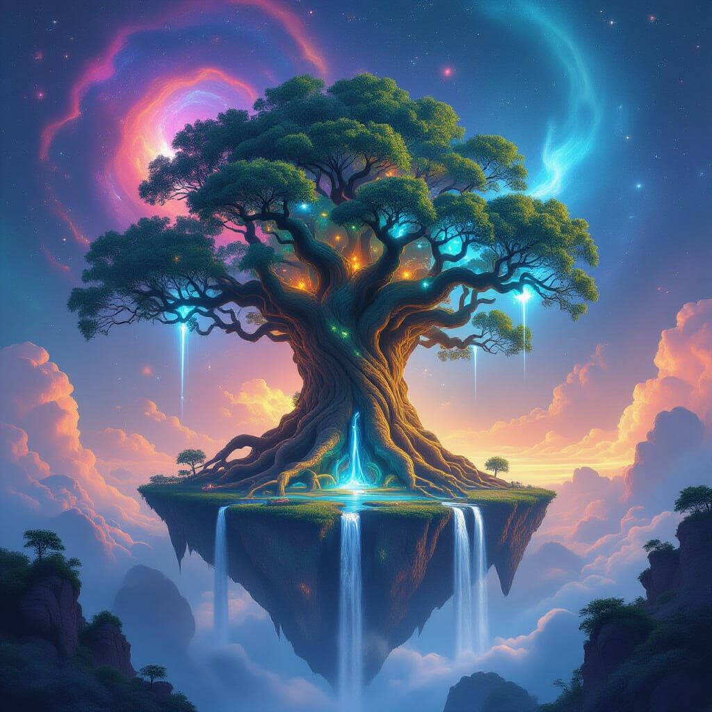Ancient Cosmic Tree Anchors Floating Island in Nebula