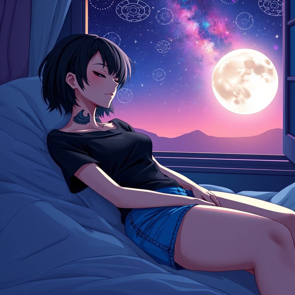 Youthful Emo Woman with Delicate Wing Tattoos in a Celestial...