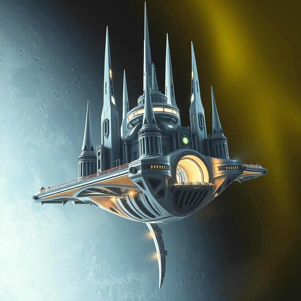 Celestial Fortress in Lunar Orbit, Futuristic Architecture M...