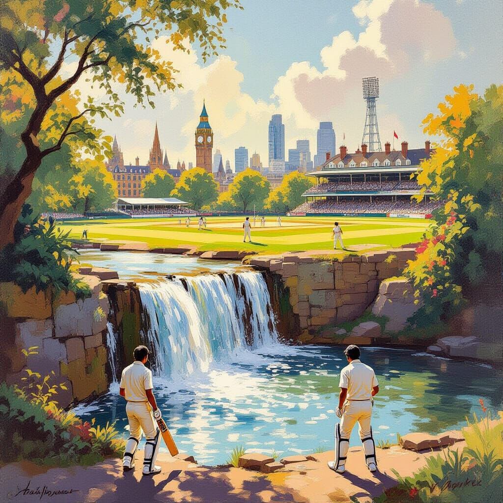 Waterfall at Cricket Ground: Nostalgic Oil Painting