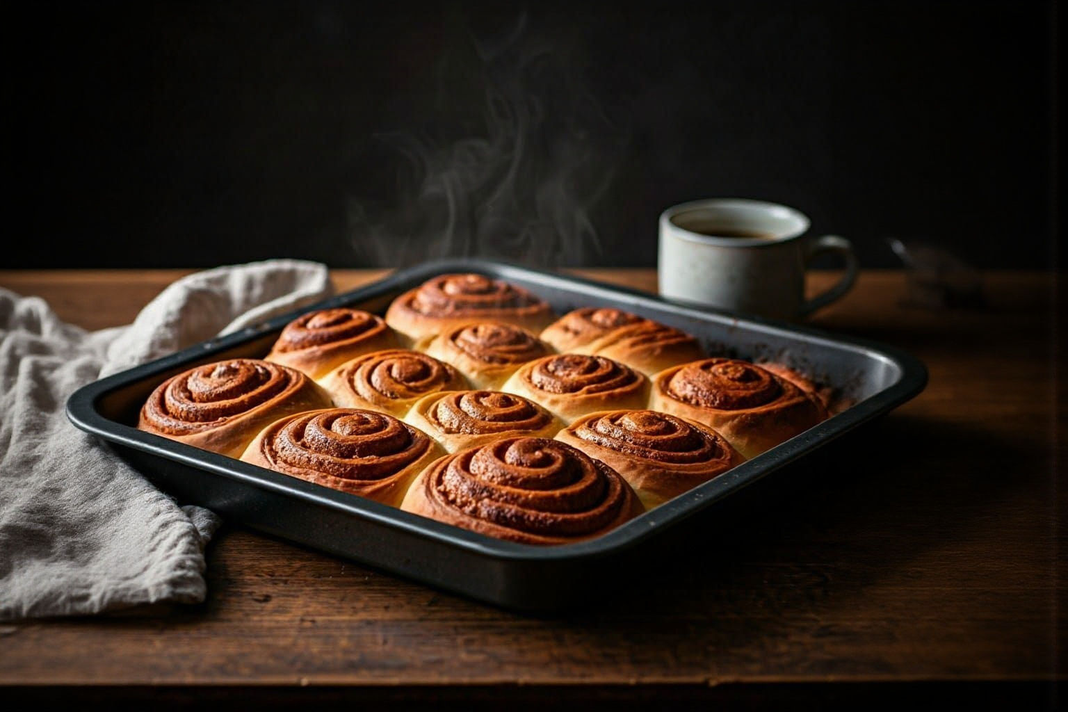 Golden Cinnamon Rolls Radiate Warmth in Cozy Kitchen Scene