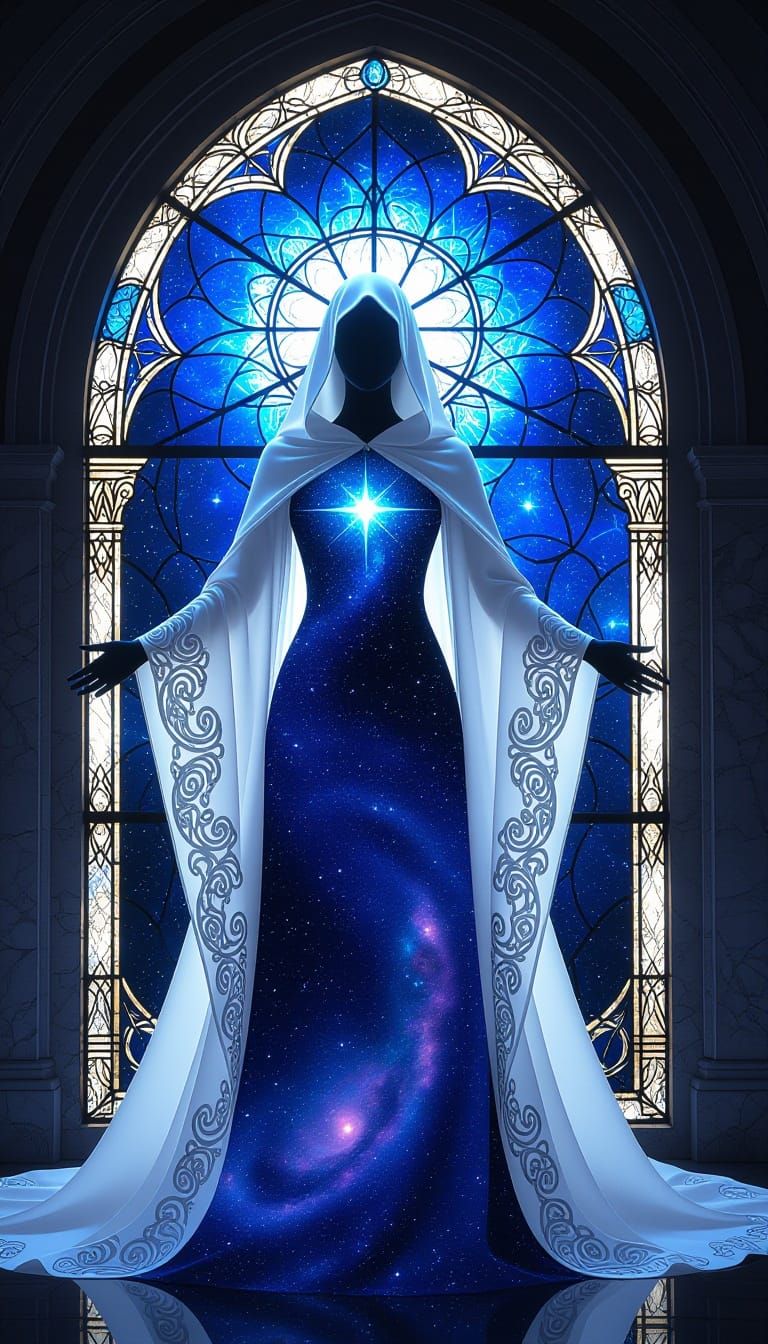 Celestial Angelic Figure Before Stained Glass Window