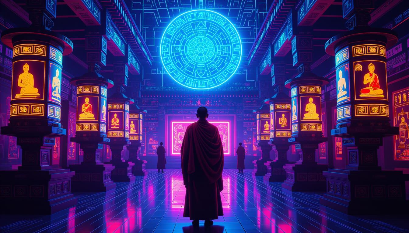 Cyberpunk Tibetan Monk in Futuristic Temple