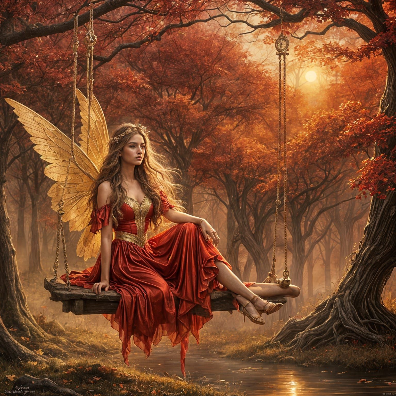 Golden Hour Fairy in Shimmering Red Dress
