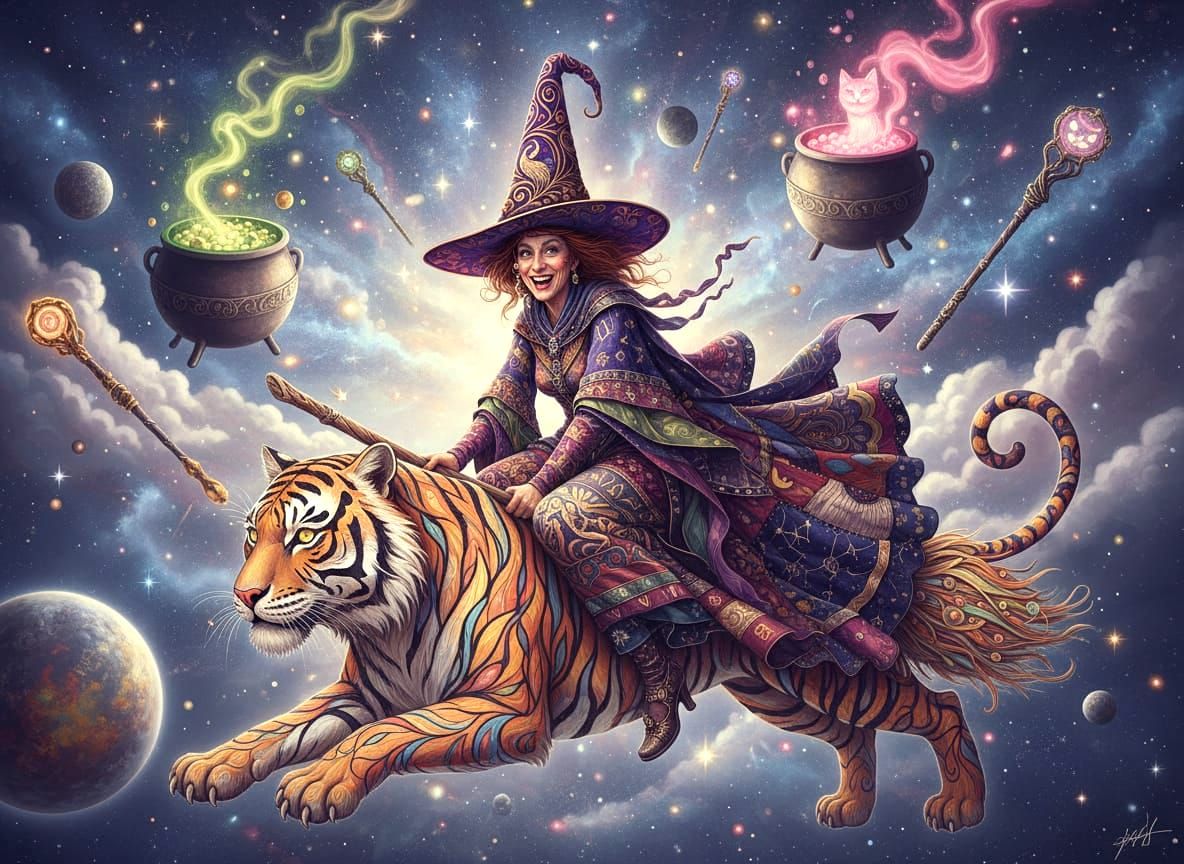 Witch Rides Whimsical Tiger Broomstick in Surreal Sky
