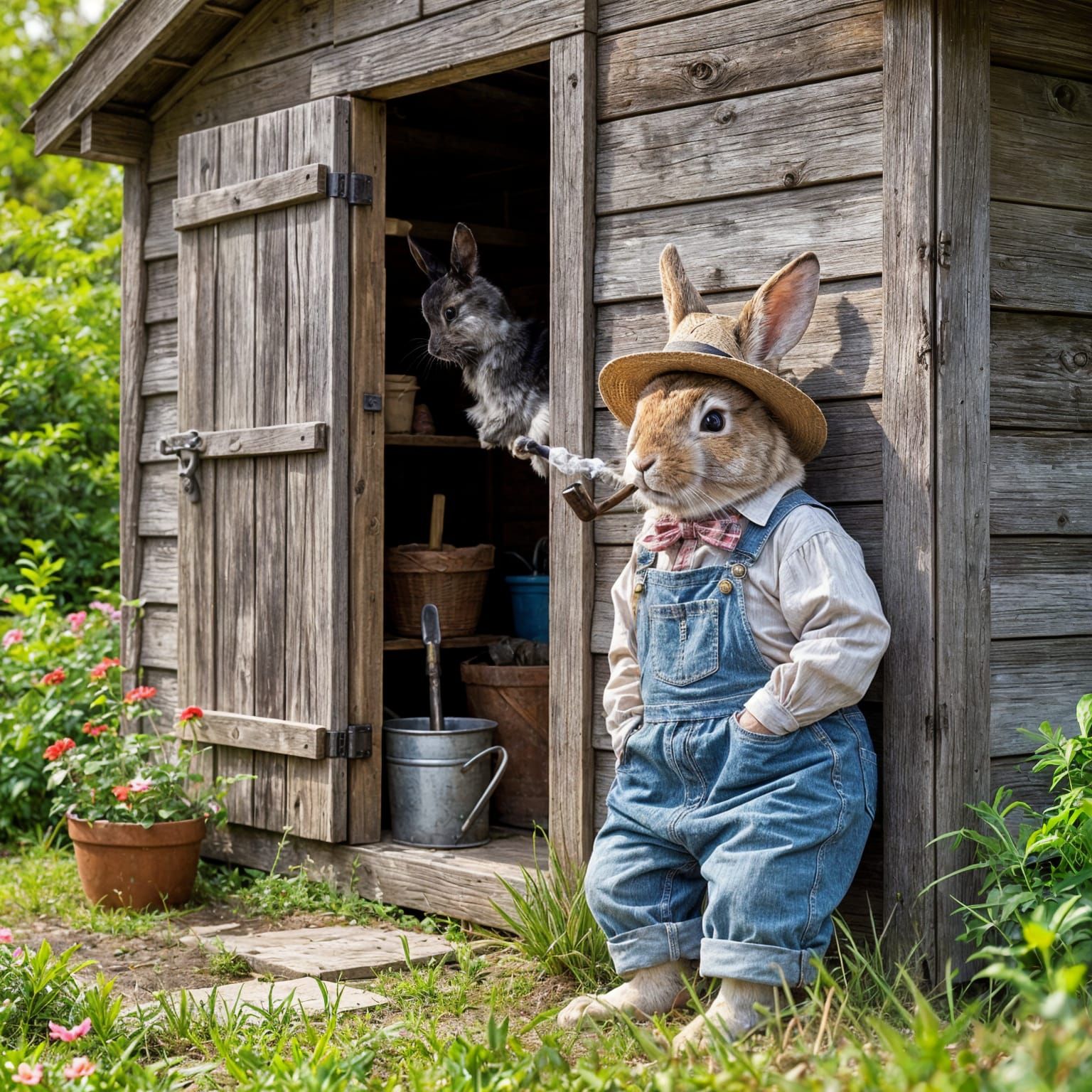 Rabbit Gardener Smoking Pipe by Old Shed