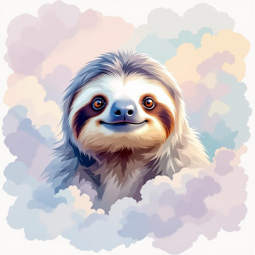 Serene Watercolor Sloth Among Dreamlike Pastel Clouds
