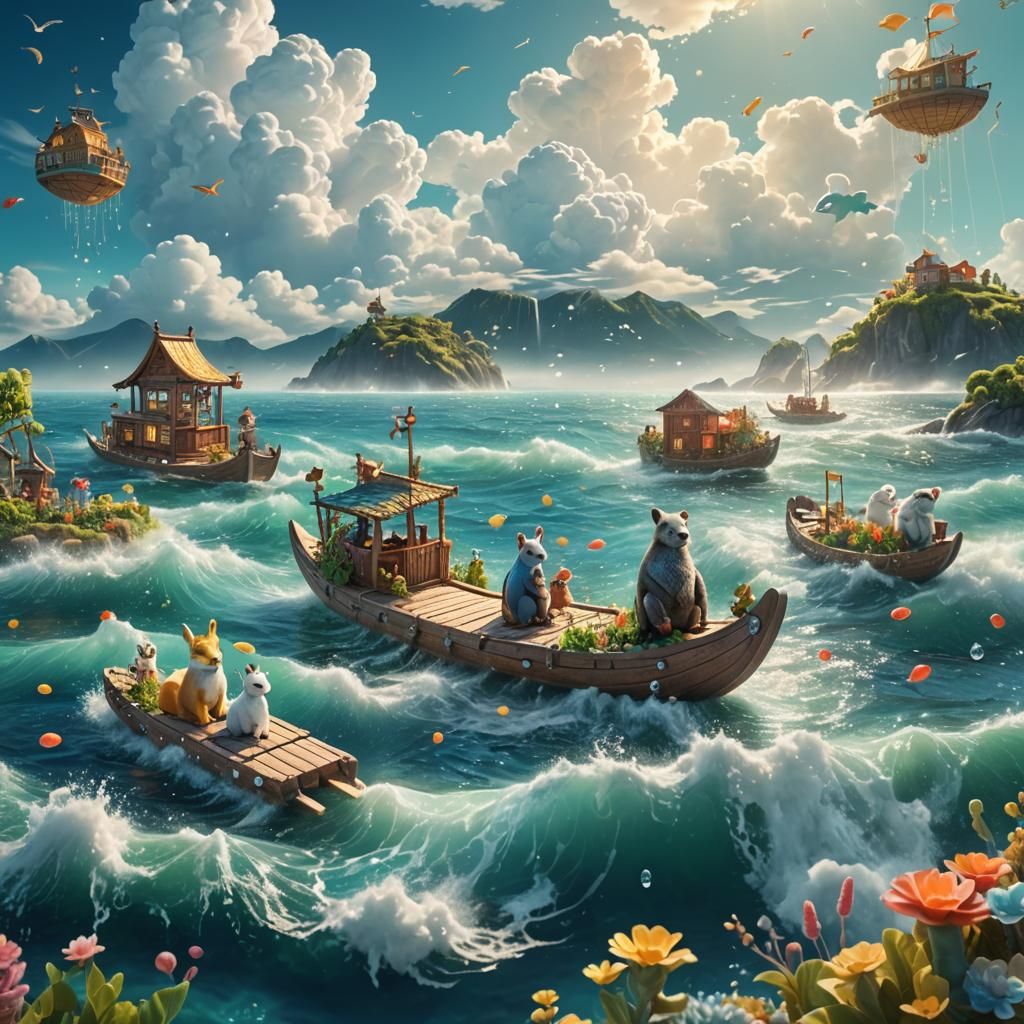 Whimsical Animals Afloat on Fantasy Sea