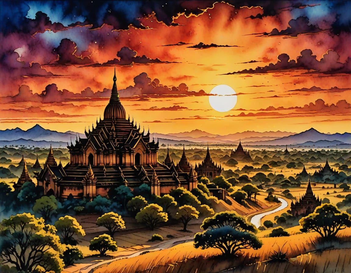 Bagan Sunset with Alcohol Ink and Gold Detail