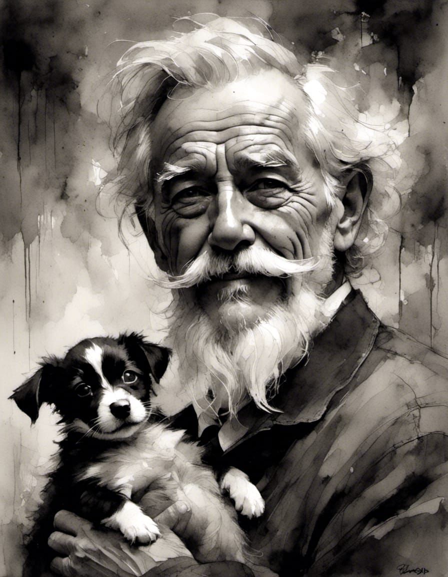 Vintage Portrait: Man and Puppy in Black and White