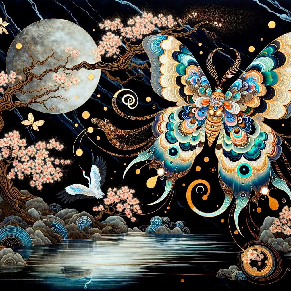 Surreal Chinese Artwork of a Moth Amid Cherry Blossoms