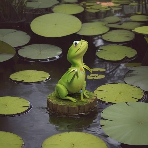 Kermit the Frog in a Serene Pond, Digital Art