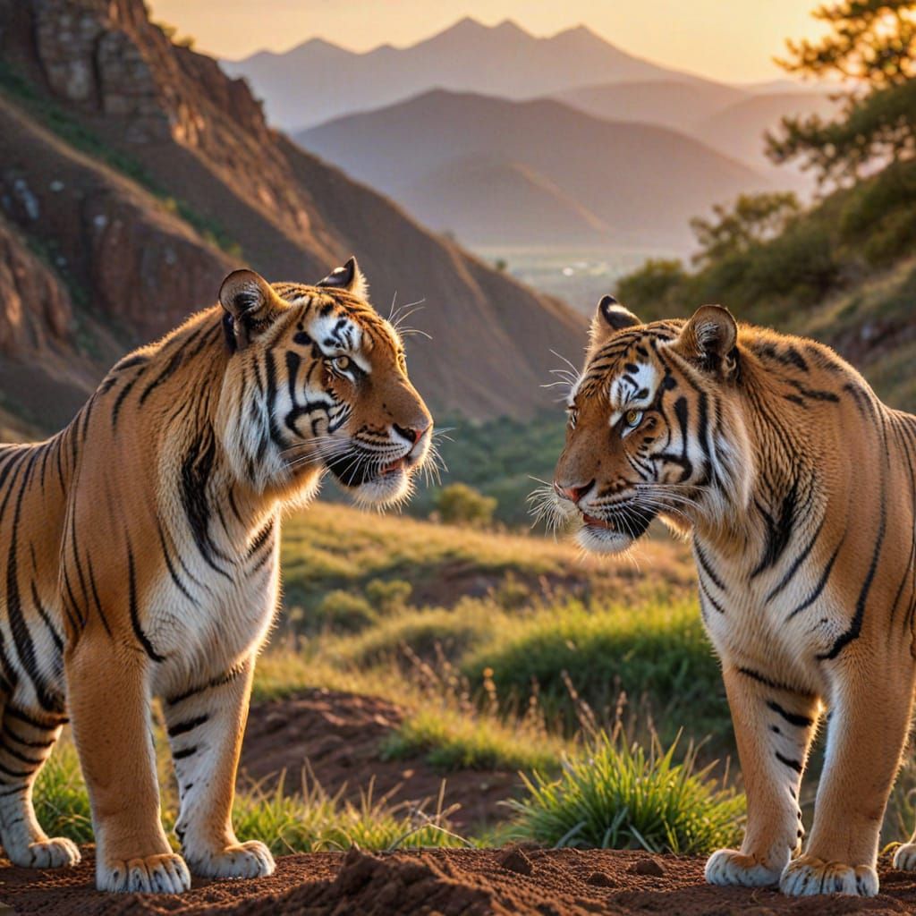 Majestic Tigers Stare on Mountain at Sunset