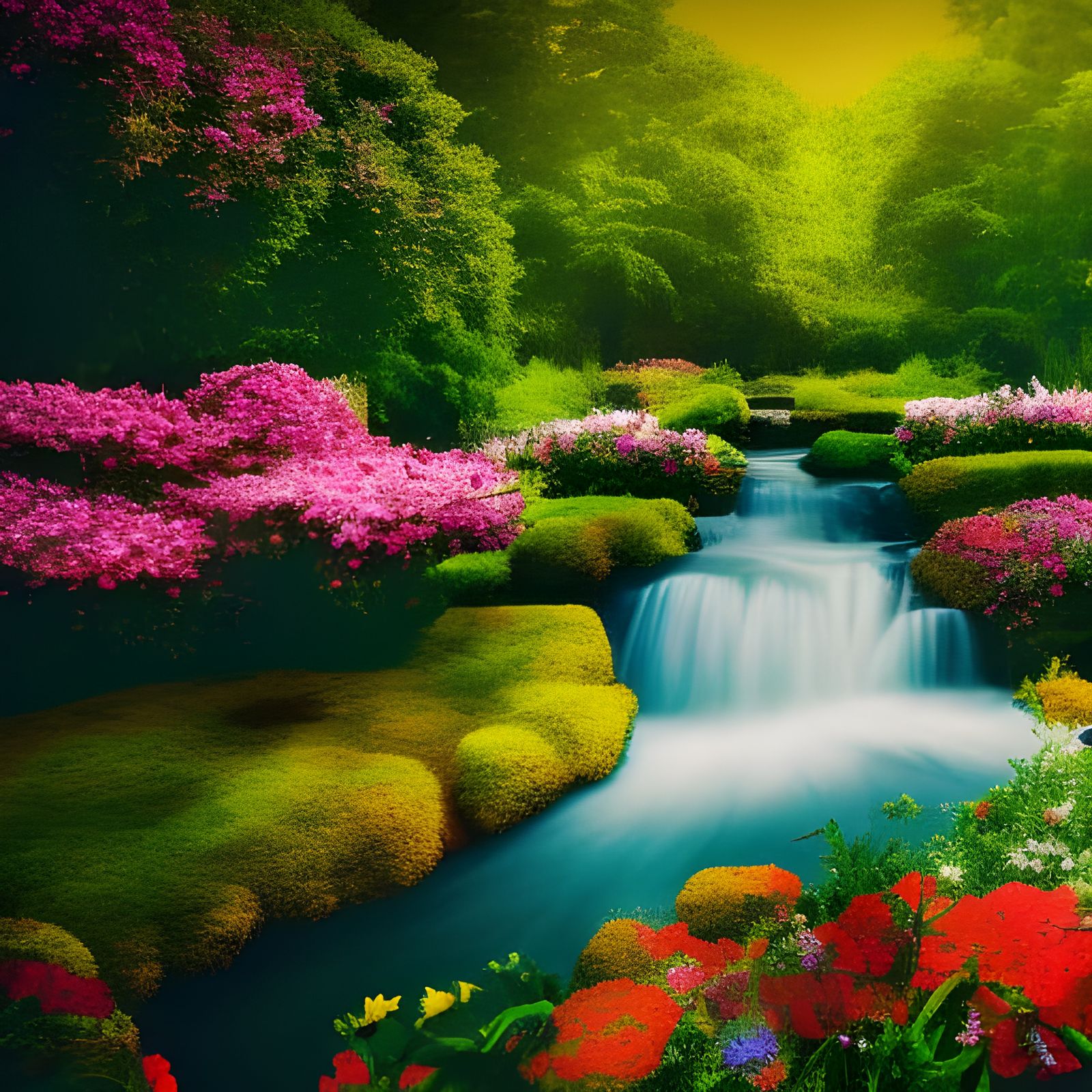 Lush Flower Garden and Stream in Ultra-Sharp Detail