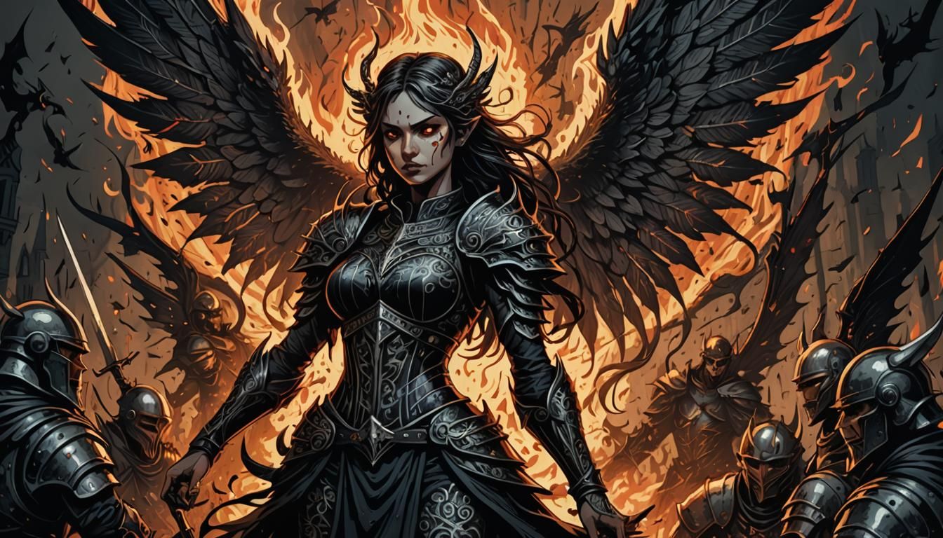 Demonic Fairy Dominates Medieval Battlefield in Woodcut Styl...